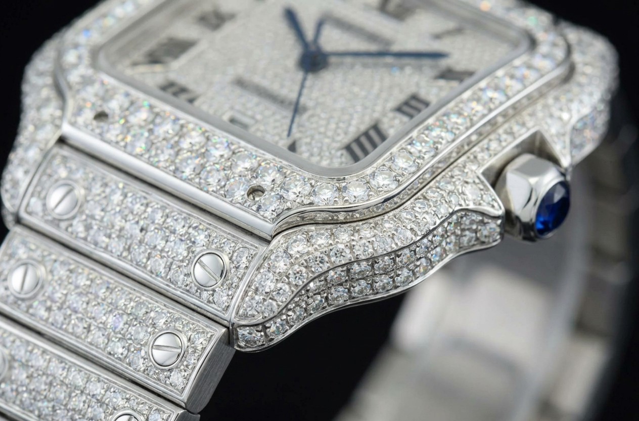 Macro detail of moissanite stones pavé-set into a chrome bezel
