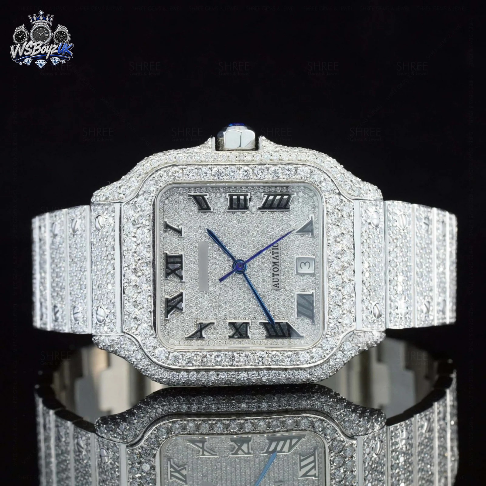 VVSBoyz iced-out moissanite watch on reflective black stone